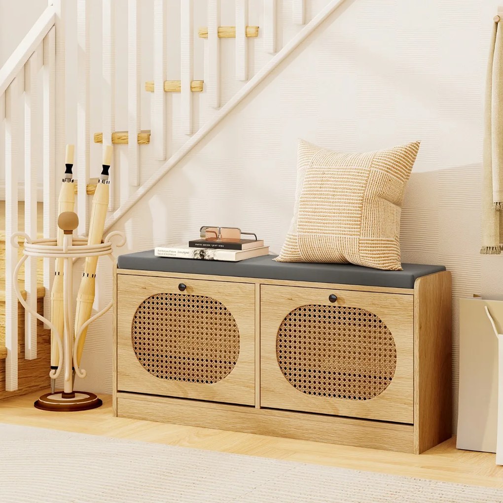 Banco Sapateira 101,5 x 24 x 48 cm de Rattan com 2 Gavetas Rebatíveis e Prateleiras Ajustáveis Almofada de Assento Acolchoada para Corredor Natural