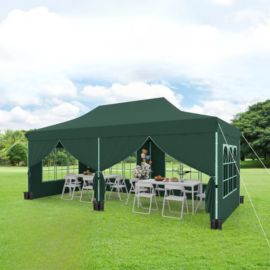 Tenda jardim, festas, eventos de 600 x 300 cm com 6 paredes laterais removíveis, com 6 pesos com bolsa de transporte Verde