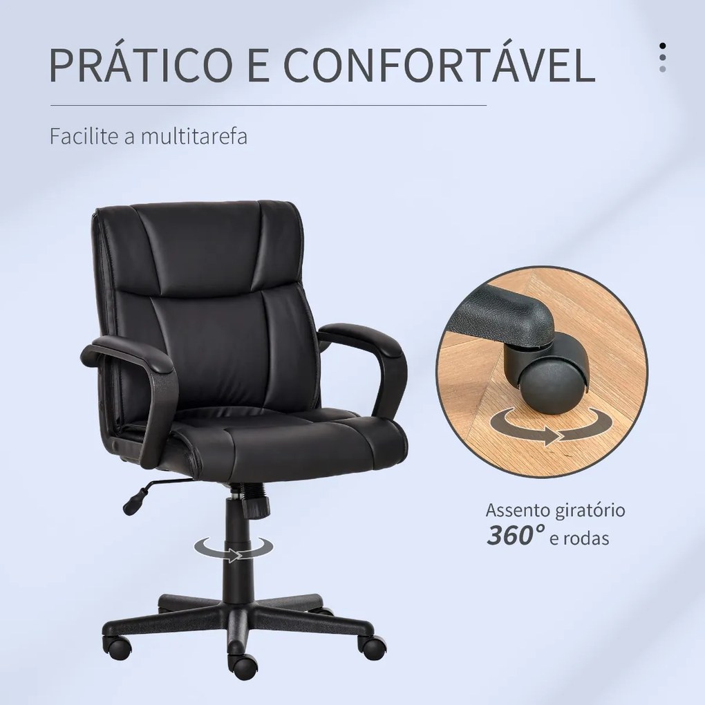 Vinsetto Cadeira de Escritório Ergonômica Cadeira de Escritório Giratória com Altura Ajustável Apoio para os Braços e Encosto Acolchoado Couro