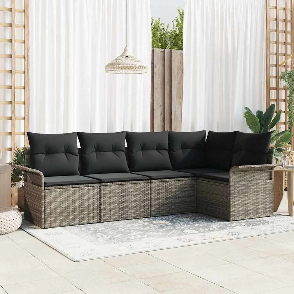 vidaXL Conjunto de sofá de jardim com 5 peças e almofadas cinzas em rattan sintético