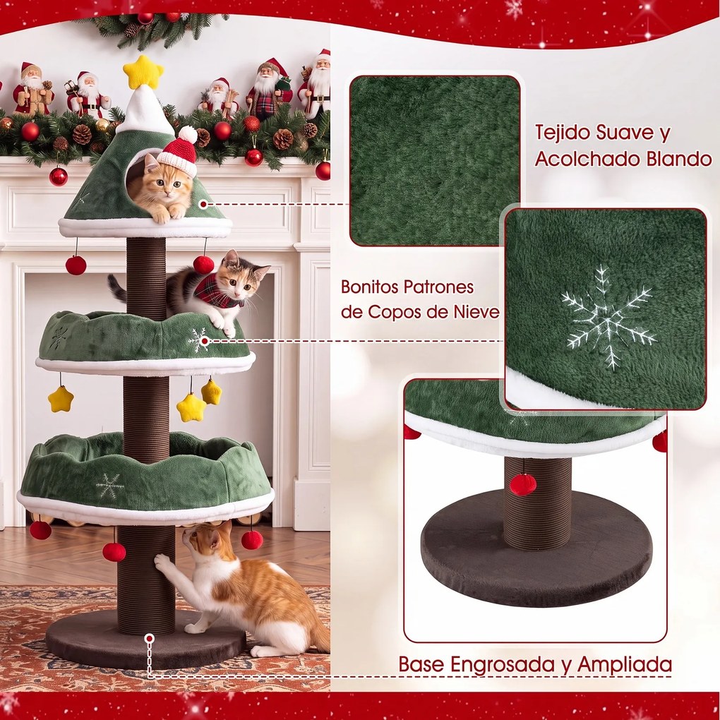 Árvore Rascadora para Gatos de Natal, 49 x 49 x 143 cm, 3 Níveis com Casinha Superior, Verde