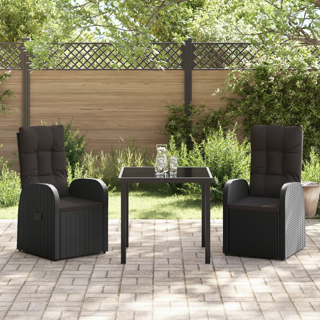 Conjunto de Jantar de Jardim com 3 Peças com Almofadas Preto Rattan Po