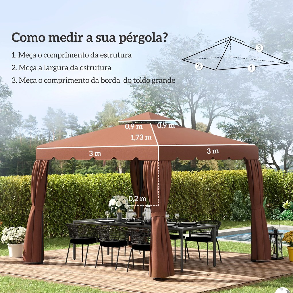 Toldo de Substituição para Pérgola 300x300 cm com Duplo Teto e 8 Orifícios de Drenagem Castanho