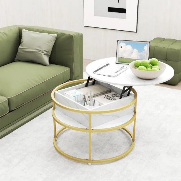 Mesa de Centro Elevável Redonda de 80 cm com Compartimento Oculto e Estantes Laterais Branco e dourado