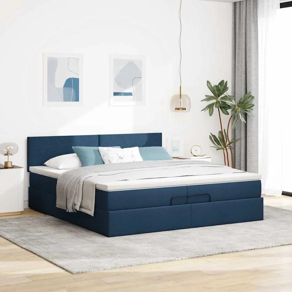 Estrutura de cama otomana com colchões 200x200cm tecido azul