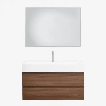 Conjunto De Móvel De Casa De Banho Suspenso Em Madeira E Folha De Freixo Com Lavatório Integrado Ona Led Retangular E Anti-embaciamento 100x70 Cm Ribe