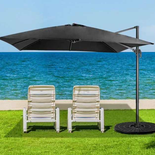 Guarda-sol de jardim 300 cm com Base cruzada e com manivela 3 inclinações Rotação de 360° 8 hastes Preto