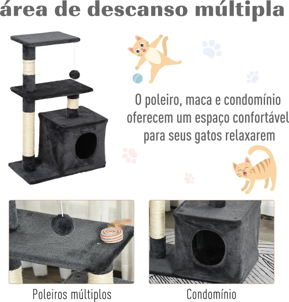 Arranhador para Gatos 50x30x81,5 cm Centro de Atividades para Gatos com Poste de Sisal Plataformas e Caverna Cinza