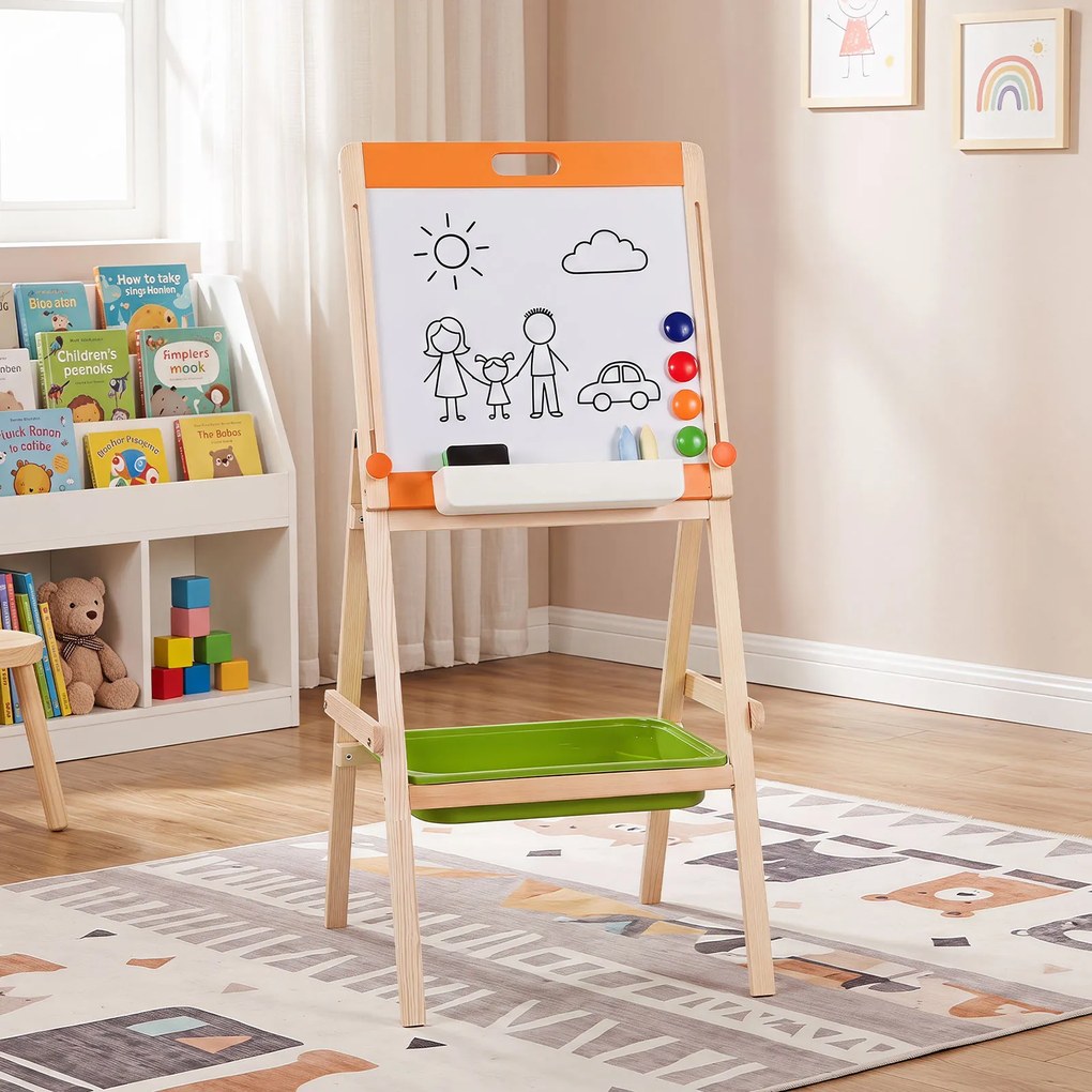 Cavalete Infantil de Desenho de Dupla Face, 51 x 48 x 74-106 cm, Altura Ajustável, Natural