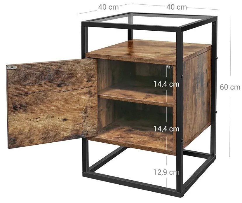 Mesa de apoio com tampo de vidro temperado e armário 40 x 40 x 60 cm castanho Vintage