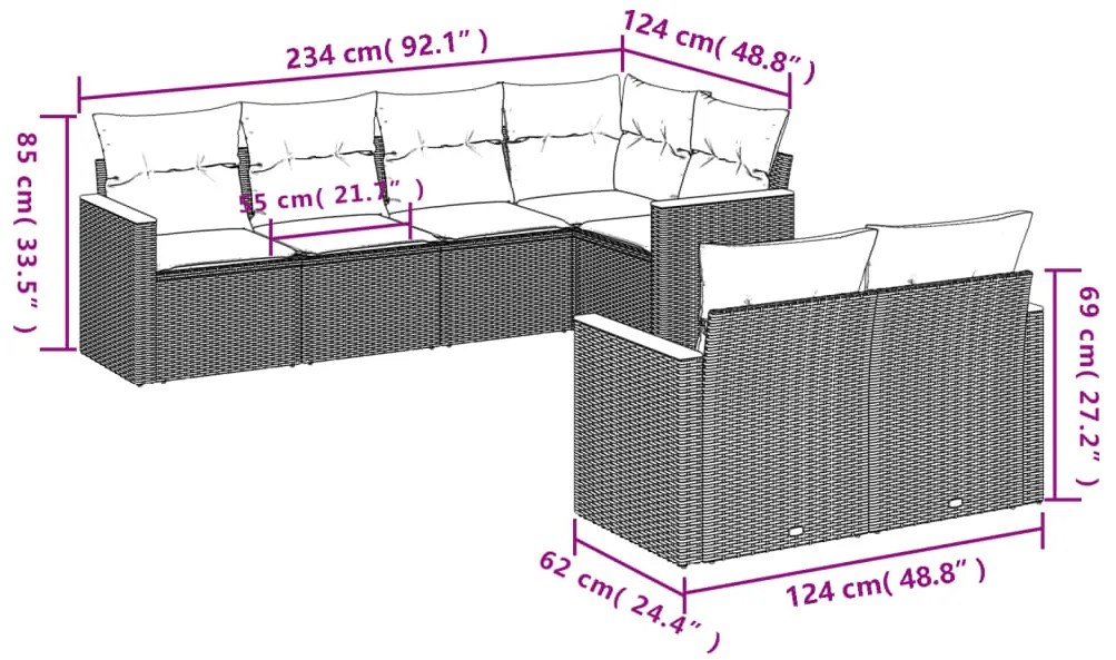 7 pcs conjunto sofás p/ jardim c/ almofadões vime PE cinzento
