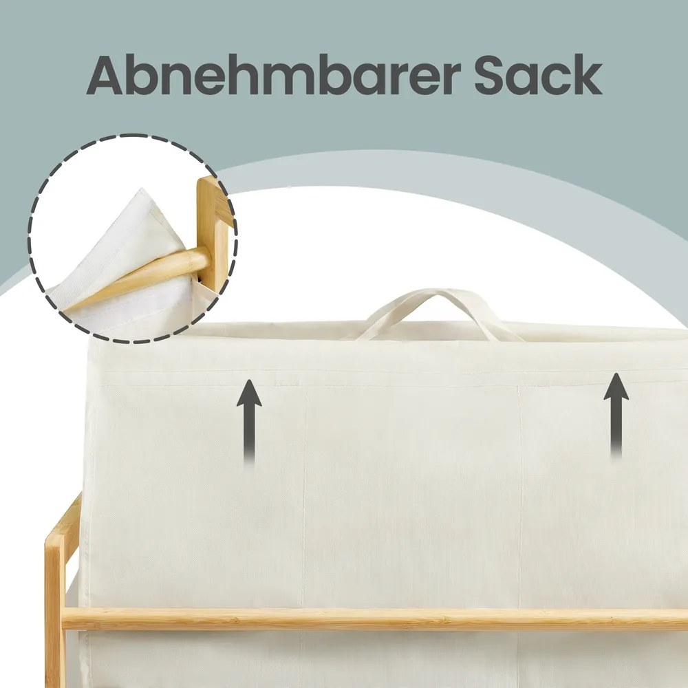 Cesto de roupa suja com tampa 45 x 40 x 78 cm, 2 compartimentos; cesto de roupa suja com estrutura de bambu, saco de roupa suja removível Creme