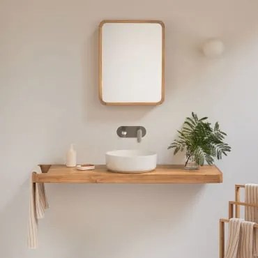 Conjunto De Móvel De Casa De Banho 130x45 Cm Suspenso Em Madeira De Teca Neill Madeira De Teca & Cerâmica Redonda Branca Ø40 Cm Lenka & Cinzento Escov