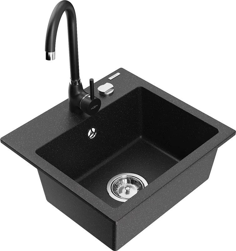 Mexen Milo lava-louça de granito 1-cuba com torneira de cozinha Telma, preto/prateado - 6505-73-670200-70