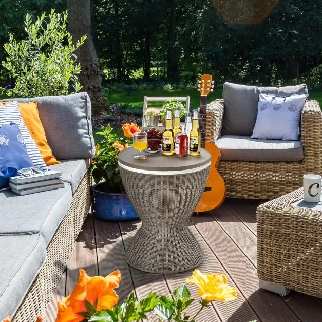 Mesa Geleira de jardim de 30 L Mesa de bar baixa de 30 L com tampo de elevação em imitação de rattan para bebidas e festas Φ 48,5 x 57,5 cm Castanho c