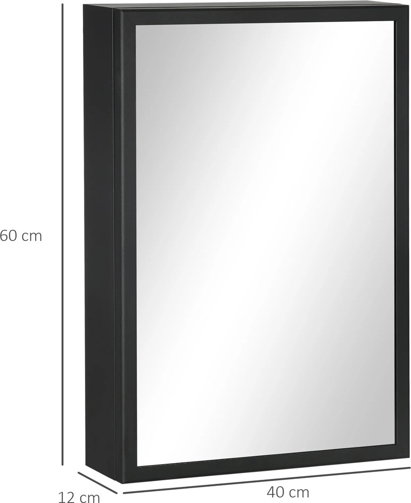 Armário de casa de banho com espelho 40 x 12 x 60 cm, armário de parede, armário com espelho com 1 porta e 2 prateleiras em aço, preto