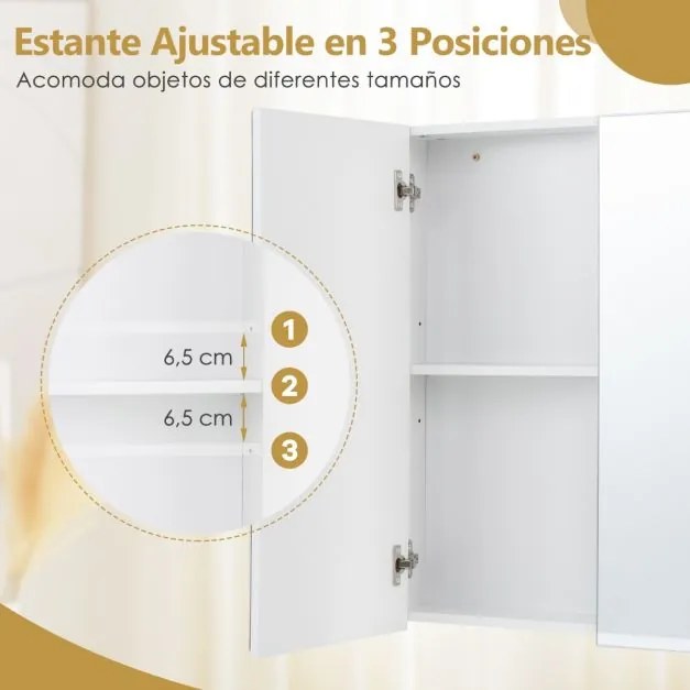 Armário de parede para casa de banho 62 x 65 cm com portas duplas espelhadas e Estante ajustável Branco