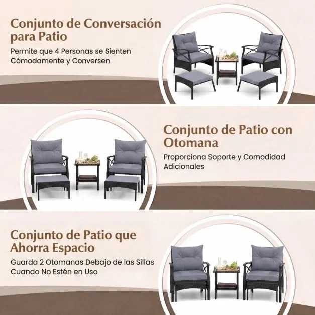 Conjunto de móveis jardim de vime de 5 peças com pufes, almofadas e mesa auxiliar de vidro temperado de 2 níveis para jardim, varanda, preto e cinza e