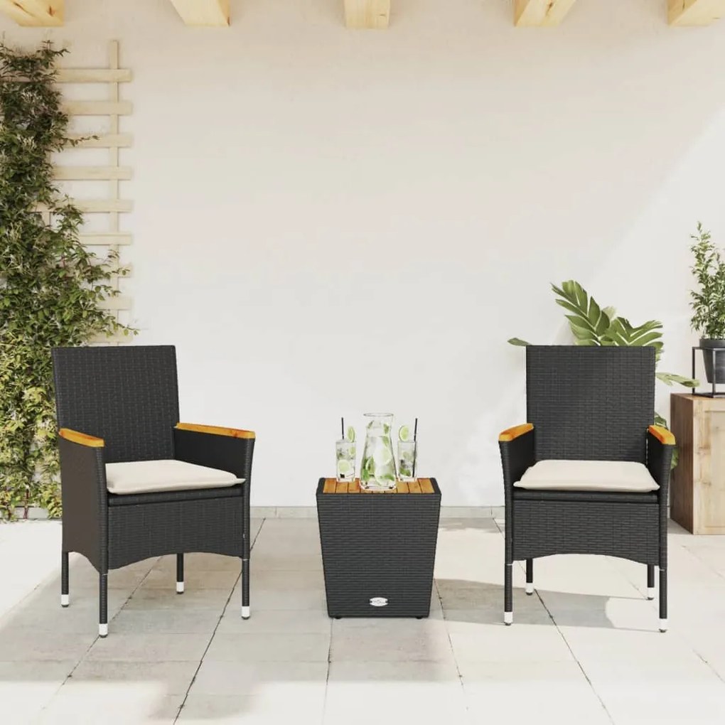 vidaXL 3 pcs conjunto de bistrô com almofadões vime PE/vidro preto