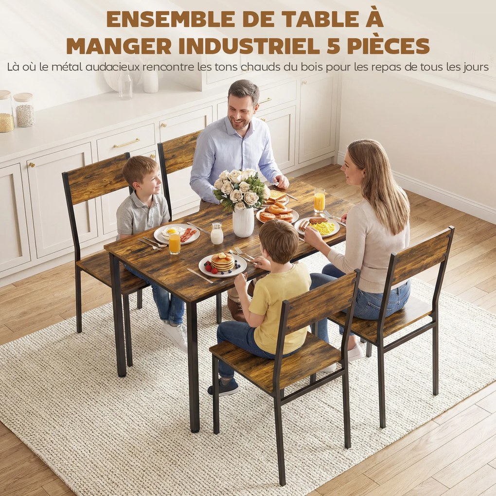 Conjunto de mesa de jantar com 4 cadeiras, mesa de cozinha com cadeiras para 4 pessoas, pés em metal, castanho rústico