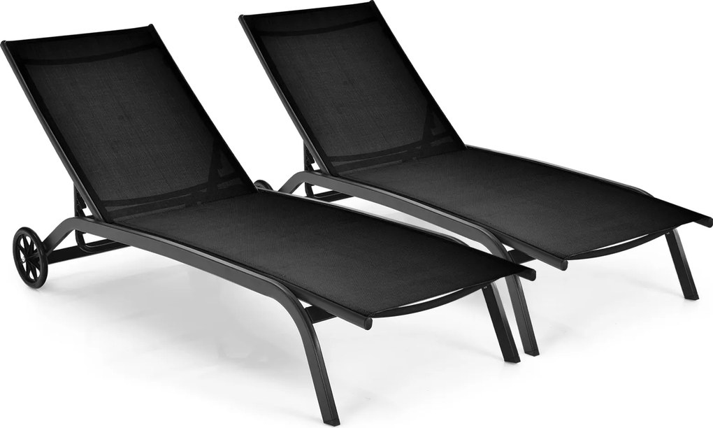 Conjunto de 2 espreguiçadeiras com rodas, tecido de secagem rápida e encosto reclinável em 6 posições, para exterior, piscina, pátio e jardim, Pretas