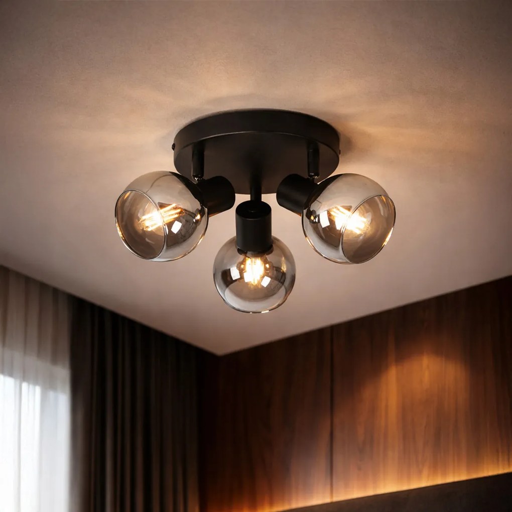 Plafon Art Deco preto 35cm vidro fumê 3-luzes - VIDRO