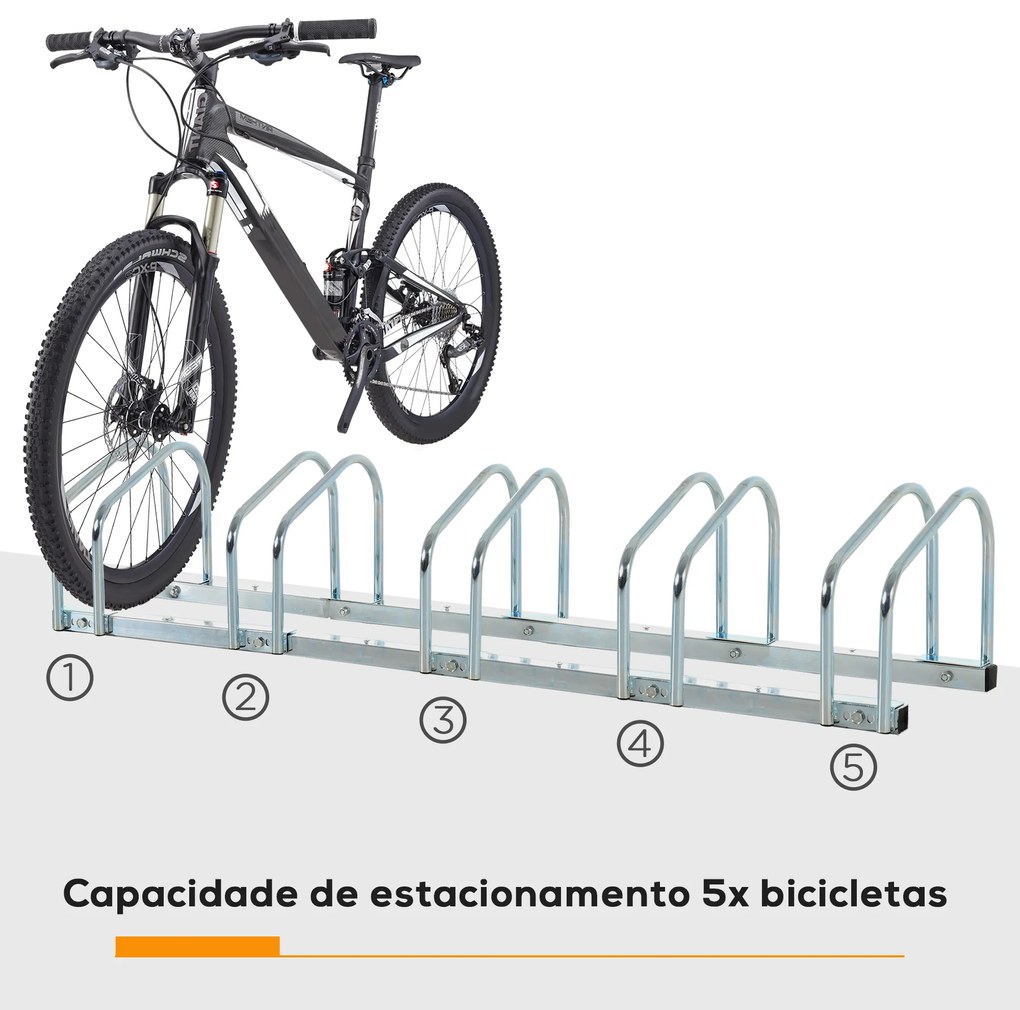 HOMCOM Estacionamento para 5 Bicicletas Suporte de Aço para Estacionar Bicicletas no chão para Interior e Exterior 130x33x27cm Preto