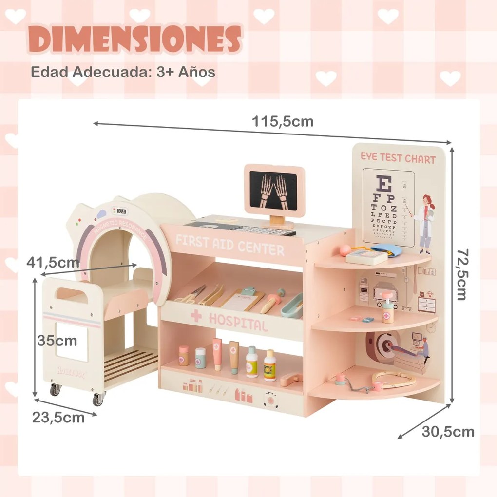 Conjunto de brincar aos médicos para crianças 115,5 x 30,5 x 72,5 cm com acessórios oftalmológicos e lâminas intercambiáveis para idades a partir dos