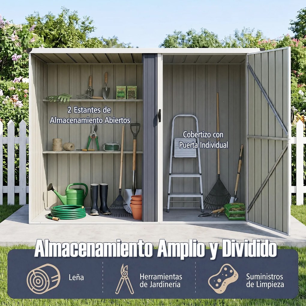 Abrigo para Ferramentas, 232 x 126 x 161 cm, Compartimento com Fechadura, Cinzento