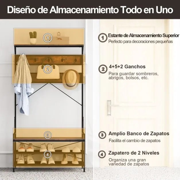 Bengaleiro entrada com Banco para sapatos com Estante 11 Ganchos Estrutura metálica 102 x 40 x 184 cm Castanho