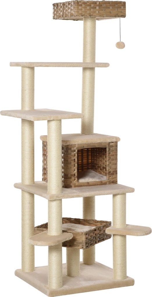PawHut Arranhador de Rattan com Toca para Gatos Árvore Multinível para Escalada para Gatos E1 MDF Sisal Bege+Castanho 55 x 55 x 174 cm | Aosom Portugal