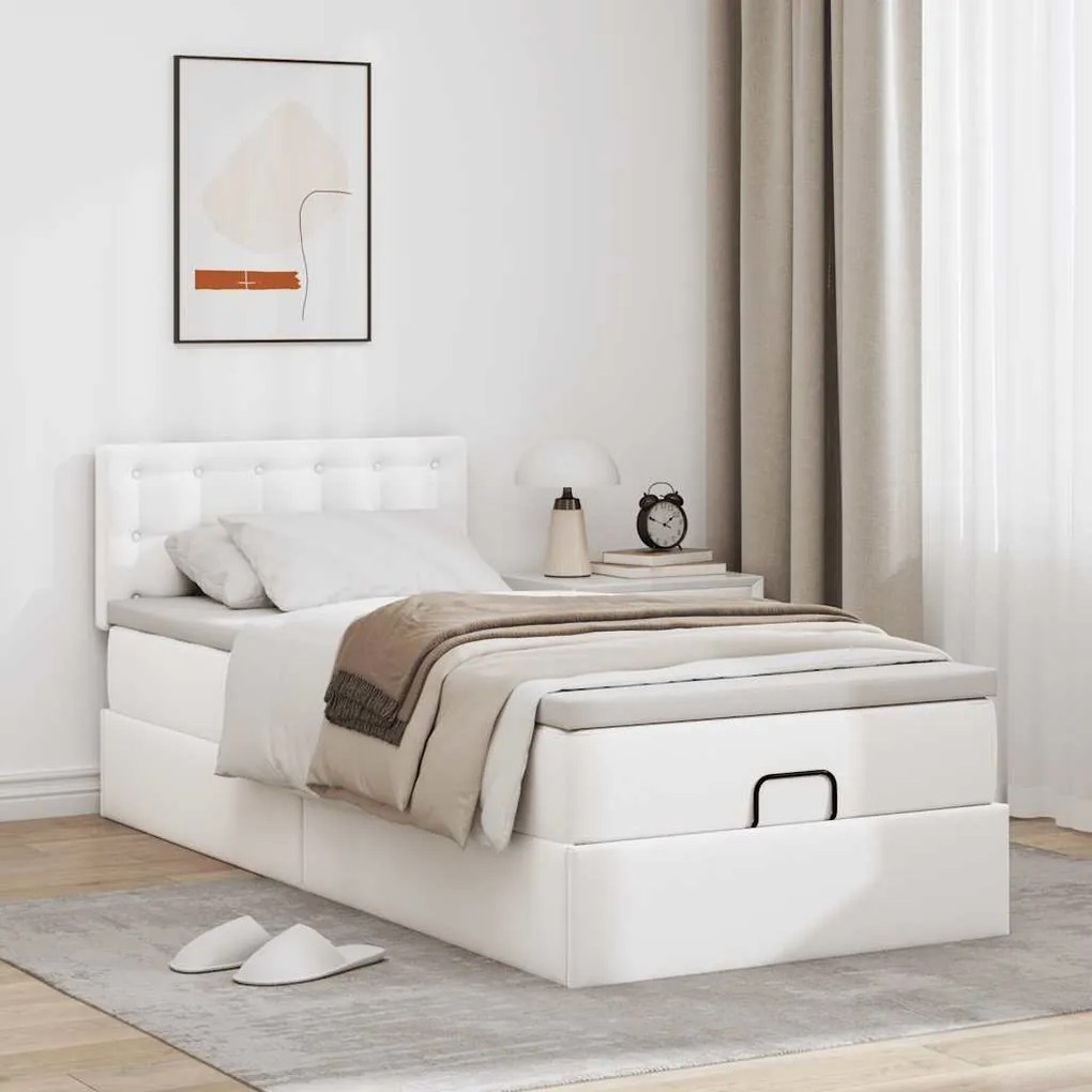 Cama otomana com colchão 90x200 cm couro artificial branco