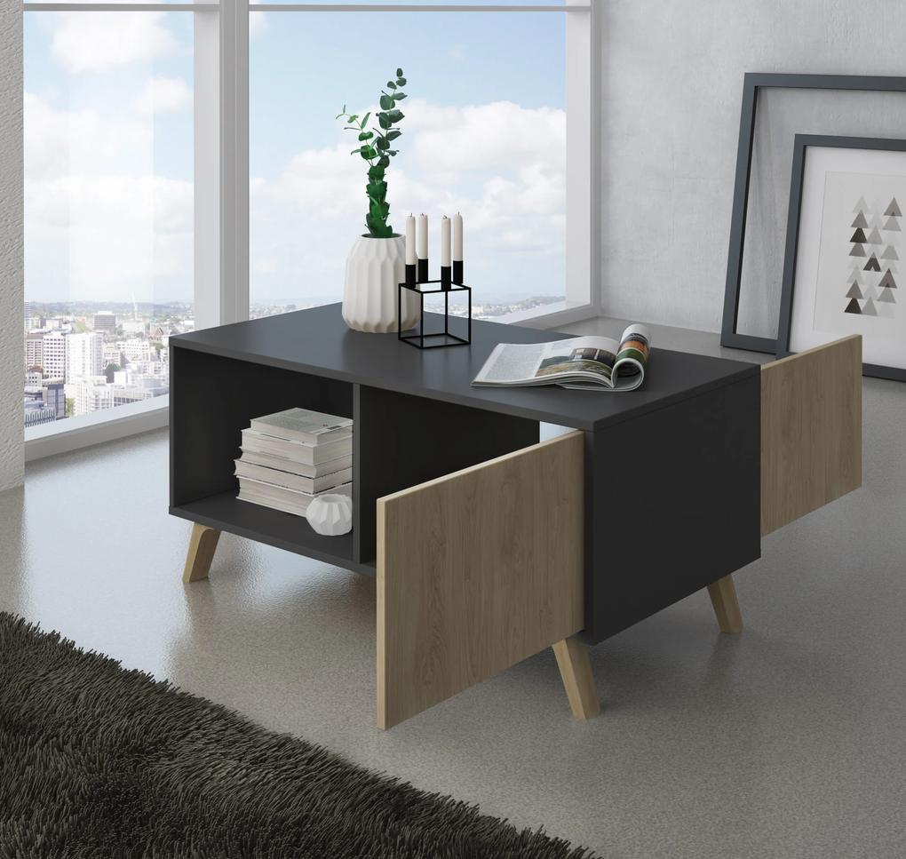 Mesa de café com portas, sala de estar, modelo WIND, cor da estrutura Antracite Grey, cor da porta Puccini, mede 92x50x45cm de altura.