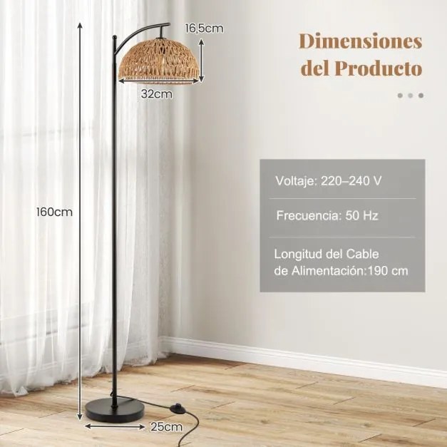 Candeeiro de pé com estrutura em metal e interruptor de pé para sala de estar, quarto ou escritório, 160 x 25 cm, preto e castanho