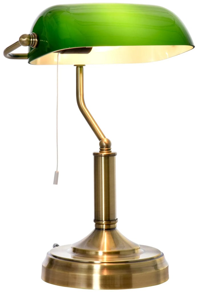 HOMCOM Candeeiro de Mesa Estilo Banqueiro com Interruptor de Corda e Ecrã de Cristal Candeeiro Decorativo de Metal para Dormitórios | Aosom Portugal