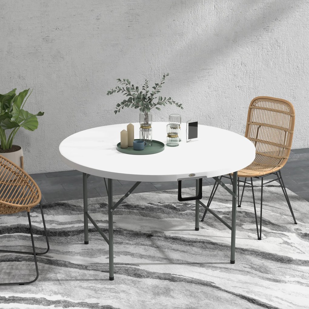 Mesa de Jardim Redonda Mesa de Varanda Dobrável com Estrutura de Aço e Bancada de HDPE Ø122x73 cm Branco