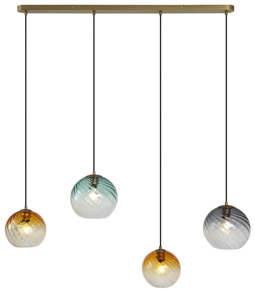 Candeeiro suspenso bronze com vidro fumado âmbar e verde retangular 4-luzes - Bao Art Deco