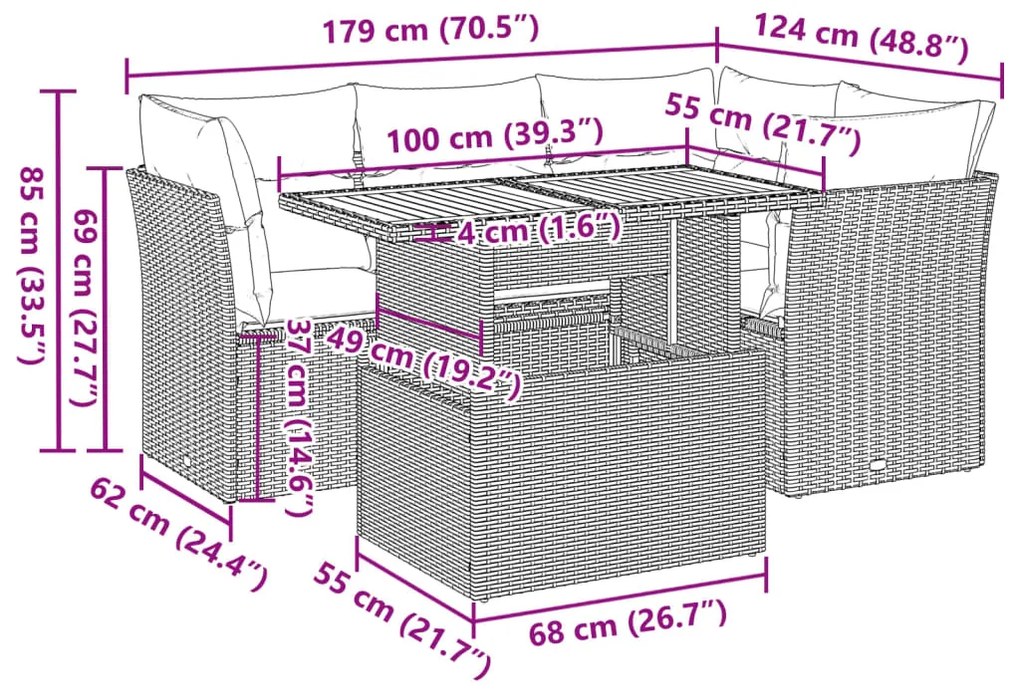 5 pcs conjunto sofás de jardim com almofadões vime PE preto