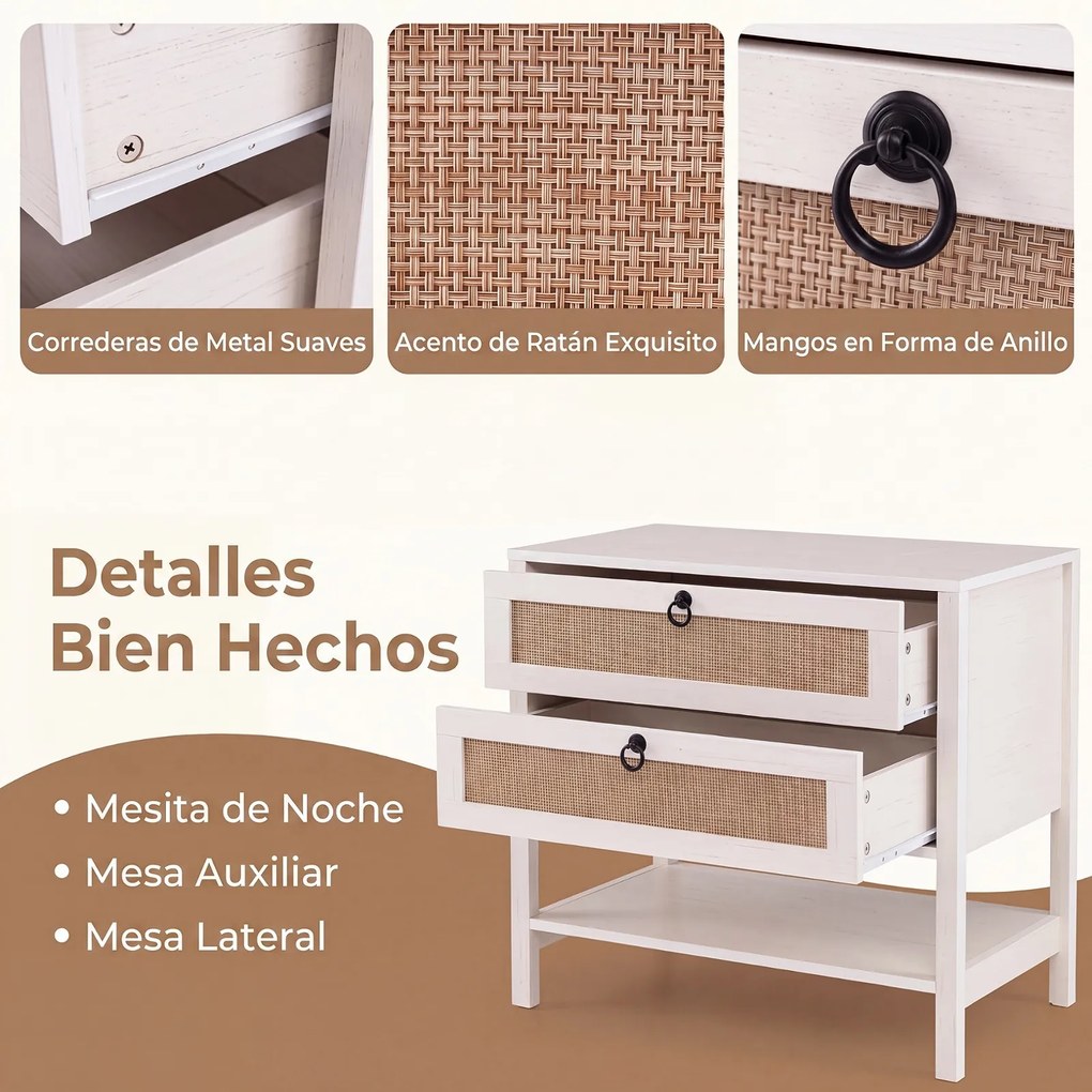 Mesa de Cabeceira, 68 x 40 x 65 cm, Duas Gavetas e Estante Aberta, Branco