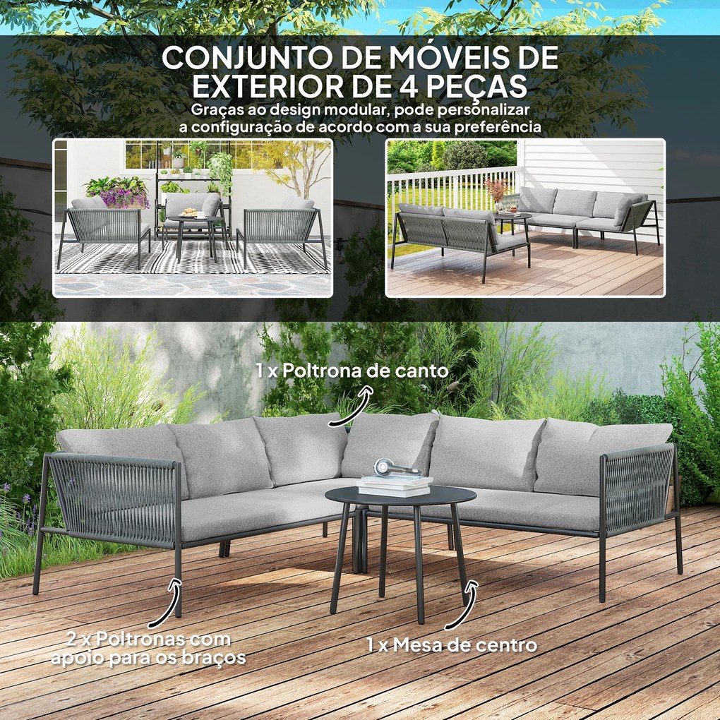 Conjunto de Jardim em Vime com Almofadas Móveis de Jardim com 2 Sofás de 2 Lugares Sofá de Canto Mesa Redonda Cinza Escuro