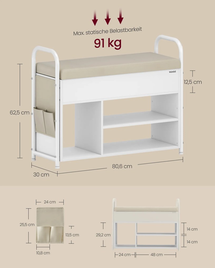 Banco sapateira com assento e espaço de arrumação 30 x 80,6 x 62,5 cm Branco e bege