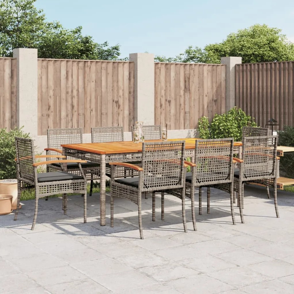 vidaXL 9 pcs conjunto de jantar p/ jardim c/ almofadões vime PE cinza