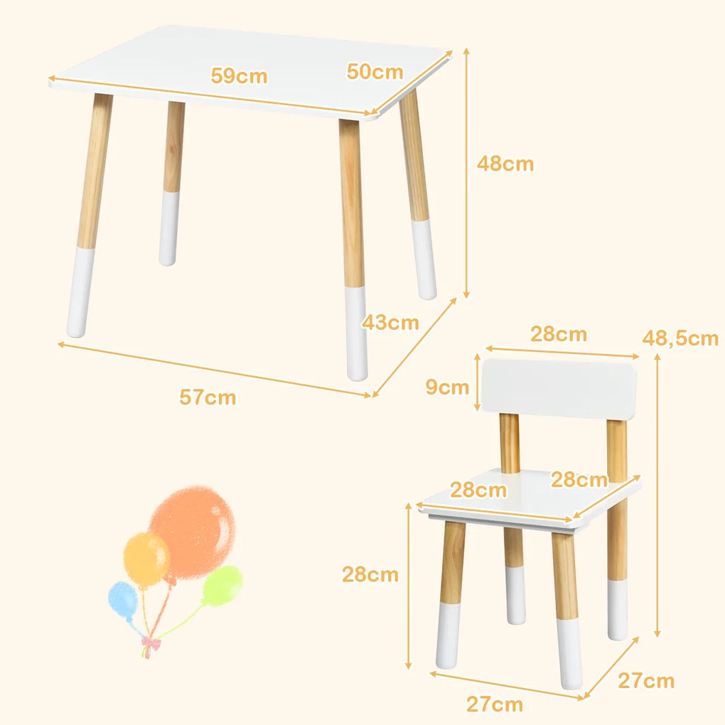 Mesa para crianças e 2 cadeiras Mesa de actividades com pernas de pinho de madeira para brincar a aprender a comer branco