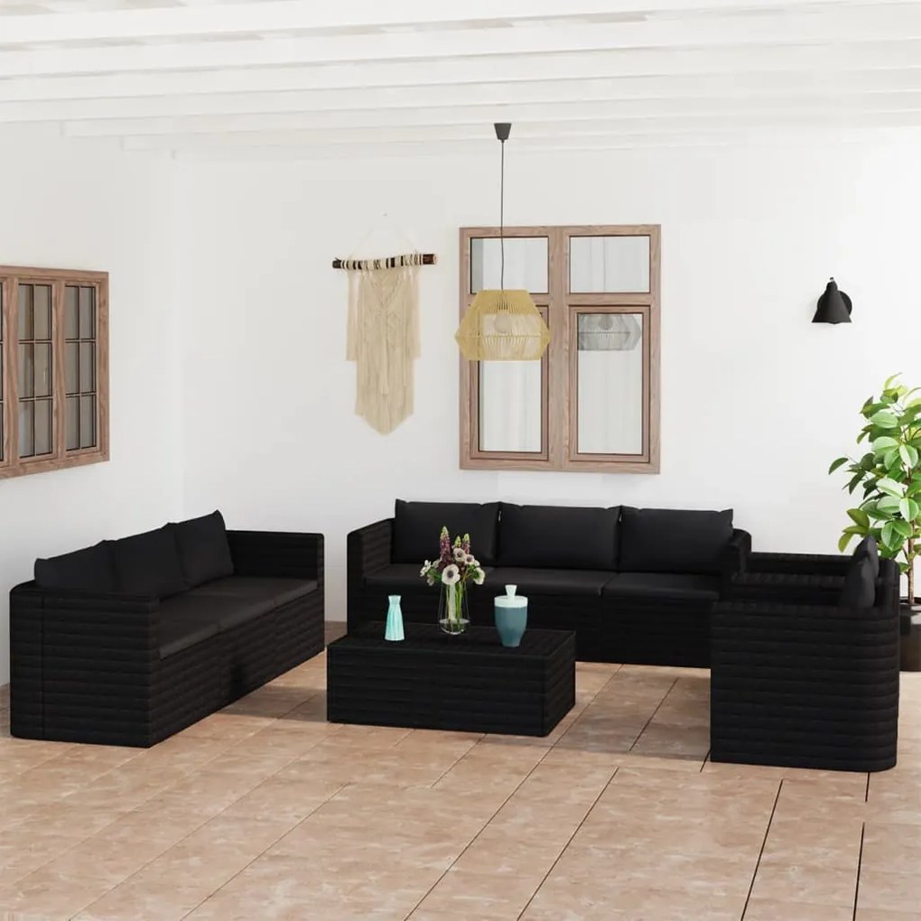 vidaXL 10 pcs conjunto lounge de jardim c/ almofadões vime PE preto