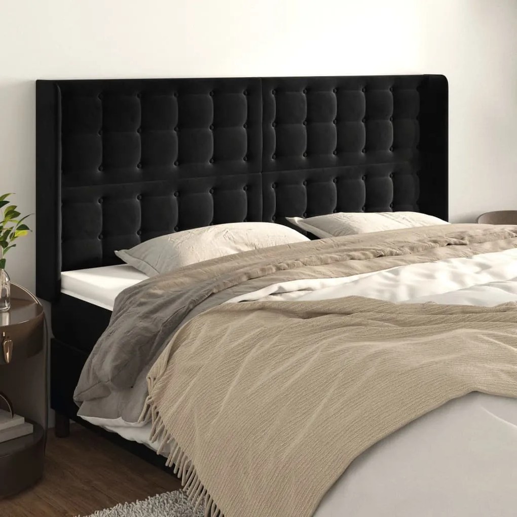 vidaXL Cabeceira de cama c/ abas veludo 183x16x118/128 cm preto