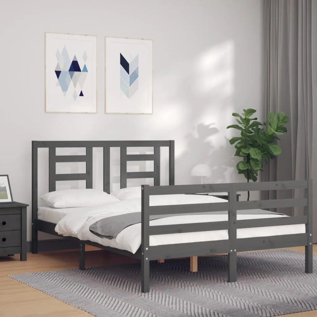 Estrutura de cama de casal c/ cabeceira madeira maciça cinzento