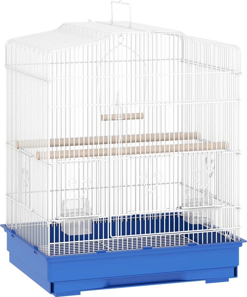 Gaiola para Pássaros Gaiola de Aço com 2 Recipientes 2 Poleiros Baloiço e Bandeja Removível Pega 46,5x36x59 cm Azul