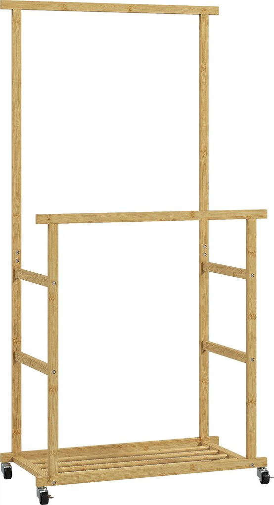 Charriot com Rodas de Bambu com Sapateira 2 Barras para Pendurar para Entrada Corredor Quarto 80x40x160 cm Madeira