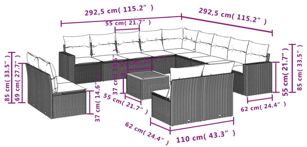 14 pcs conjunto de sofás p/ jardim c/ almofadões vime PE preto