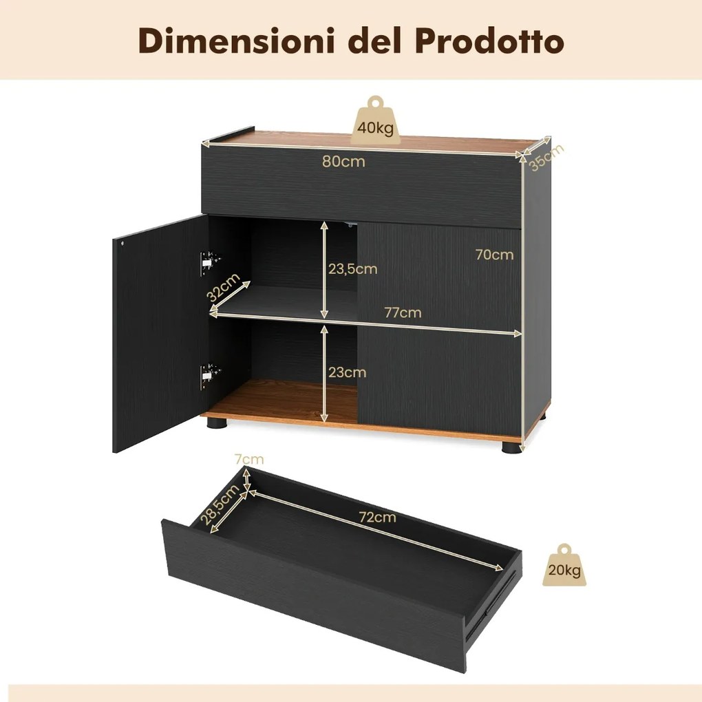 Aparador, armário de Cozinha 80 × 35 × 70 cm com arrumação em madeira com 1 gaveta e 2 portas Credenza estilo moderno rústico Preto
